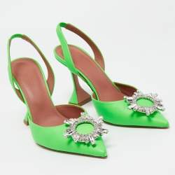 مملوكة مسبقًا Amina Muaddi Neon Green Leather Begum Crystal Embellished Slingback Sandals Size 38.5