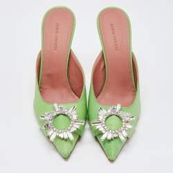 Pre Owned Amina Muaddi Green Vinyl Begum Crystal Embellished Mules Size 39