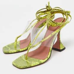 Pre Owned Amina Muaddi Two Tone Embossed Snakeskin and PVC Zula Ankle Tie Sandals Size 37