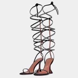 Pre Owned Amina Muaddi Black Satin Crystal Embellished Ankle Wrap Sandals Size 39.5