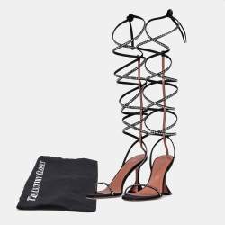 Pre Owned Amina Muaddi Black Satin Crystal Embellished Ankle Wrap Sandals Size 39.5