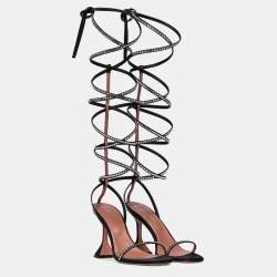 Pre Owned Amina Muaddi Black Satin Crystal Embellished Ankle Wrap Sandals Size 39.5