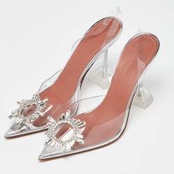 Pre Owned Amina Muaddi Silver/Transparent PVC and Leather Begum Pumps Size 38