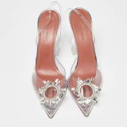Pre Owned Amina Muaddi Silver/Transparent PVC and Leather Begum Pumps Size 38