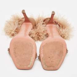 Pre Owned Amina Muaddi Brown Satin and Fur Adwoa Ankle Strap Sandals Size 42