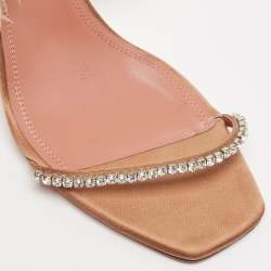 Pre Owned Amina Muaddi Brown Satin and Fur Adwoa Ankle Strap Sandals Size 42