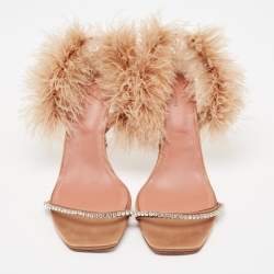 Pre Owned Amina Muaddi Brown Satin and Fur Adwoa Ankle Strap Sandals Size 42
