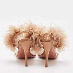 Pre Owned Amina Muaddi Brown Satin and Fur Adwoa Ankle Strap Sandals Size 42