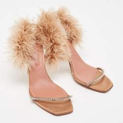 Pre Owned Amina Muaddi Brown Satin and Fur Adwoa Ankle Strap Sandals Size 42