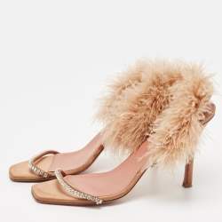 Pre Owned Amina Muaddi Brown Satin and Fur Adwoa Ankle Strap Sandals Size 42