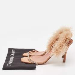 Pre Owned Amina Muaddi Brown Satin and Fur Adwoa Ankle Strap Sandals Size 42
