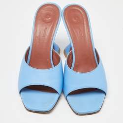 Amina Muaddi Blue Leather Lupita Slide Sandals Size 38