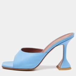 Amina Muaddi Blue Leather Lupita Slide Sandals Size 38