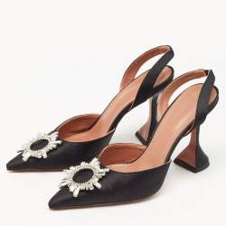 Pre Owned Amina Muaddi Black Satin Begum Slingback Pumps Size 40