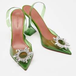 Pre Owned Amina Muaddi Green PVC Begum Crystal Embellished Slingback Pumps Size 37