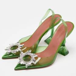 Pre Owned Amina Muaddi Green PVC Begum Crystal Embellished Slingback Pumps Size 37