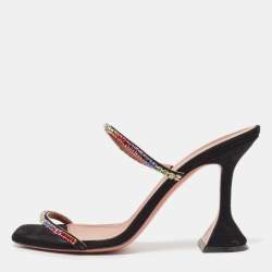 Amina Muaddi Black Suede Crystal Embellished Gilda Slide Sandals Size 37.5