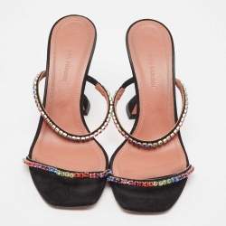 Amina Muaddi Black Suede Crystal Embellished Gilda Slide Sandals Size 37.5
