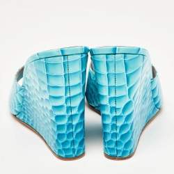 Amina Muaddi Teal Croc Patent Embossed Leather Lupita Wedge Slide Sandals Size 40