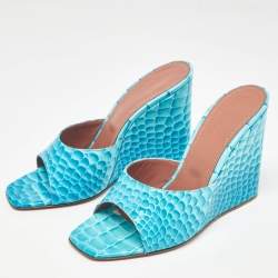 Amina Muaddi Teal Croc Patent Embossed Leather Lupita Wedge Slide Sandals Size 40