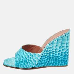 Amina Muaddi Teal Croc Patent Embossed Leather Lupita Wedge Slide Sandals Size 40