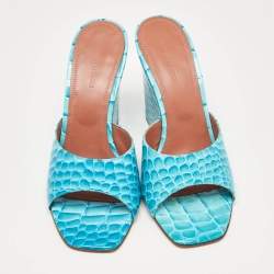 Amina Muaddi Teal Croc Patent Embossed Leather Lupita Wedge Slide Sandals Size 40