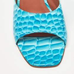 Amina Muaddi Teal Croc Patent Embossed Leather Lupita Wedge Slide Sandals Size 40