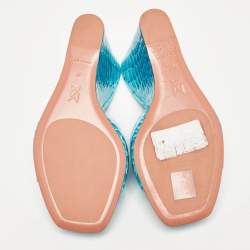 Amina Muaddi Teal Croc Patent Embossed Leather Lupita Wedge Slide Sandals Size 40