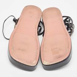 Pre Owned Amina Muaddi Black Leather Jamie Platform Ankle Wrap Sandals Size 37