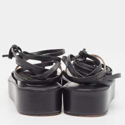 Pre Owned Amina Muaddi Black Leather Jamie Platform Ankle Wrap Sandals Size 37