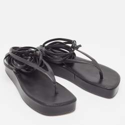 Pre Owned Amina Muaddi Black Leather Jamie Platform Ankle Wrap Sandals Size 37