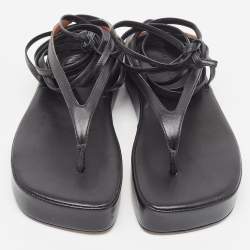 Pre Owned Amina Muaddi Black Leather Jamie Platform Ankle Wrap Sandals Size 37