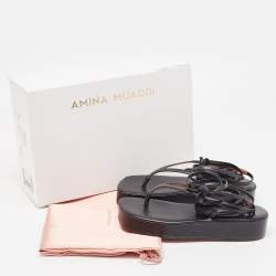 Pre Owned Amina Muaddi Black Leather Jamie Platform Ankle Wrap Sandals Size 37