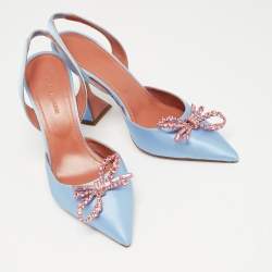 Pre Owned Amina Muaddi Blue Satin Rosie Slingback Pumps Size 37 