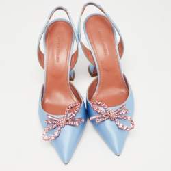Pre Owned Amina Muaddi Blue Satin Rosie Slingback Pumps Size 37 