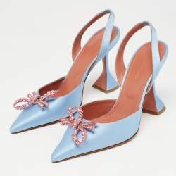 Pre Owned Amina Muaddi Blue Satin Rosie Slingback Pumps Size 37 