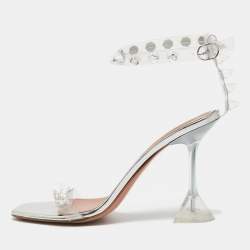 Pre Owned Amina Muaddi Silver PVC and Patent Leather Julia Glass Sandals Size 38