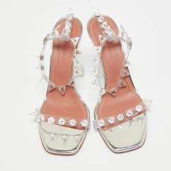 Pre Owned Amina Muaddi Silver PVC and Patent Leather Julia Glass Sandals Size 38