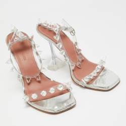 Pre Owned Amina Muaddi Silver PVC and Patent Leather Julia Glass Sandals Size 38