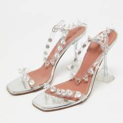 Pre Owned Amina Muaddi Silver PVC and Patent Leather Julia Glass Sandals Size 38