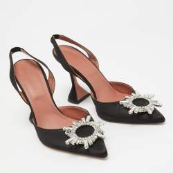 Pre Owned Amina Muaddi Black Satin Begum Slingback Pumps Size 38