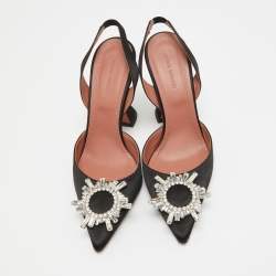 Pre Owned Amina Muaddi Black Satin Begum Slingback Pumps Size 38