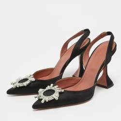 Pre Owned Amina Muaddi Black Satin Begum Slingback Pumps Size 38