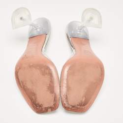 Pre Owned Amina Muaddi Silver PVC and Patent Leather Lupita Glass Sandals Size 38.5