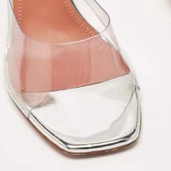 Pre Owned Amina Muaddi Silver PVC and Patent Leather Lupita Glass Sandals Size 38.5