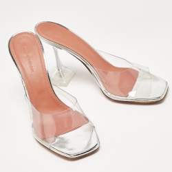 Pre Owned Amina Muaddi Silver PVC and Patent Leather Lupita Glass Sandals Size 38.5