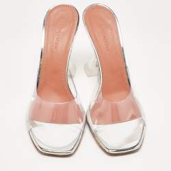 Pre Owned Amina Muaddi Silver PVC and Patent Leather Lupita Glass Sandals Size 38.5