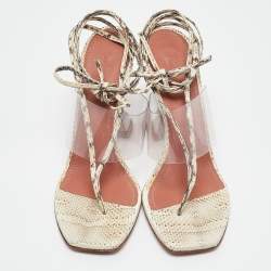 Pre Owned Amina Muaddi Cream/Beige Water Snakes and PVC Zula Sandals Size 40.5