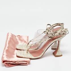 Pre Owned Amina Muaddi Cream/Beige Water Snakes and PVC Zula Sandals Size 40.5