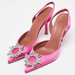 Pre Owned Amina Muaddi Pink Satin Begum Slingback Pumps Size 37.5